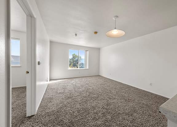 A spacious room with carpeted floor and a window.