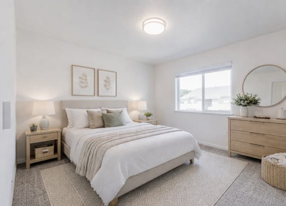 A bedroom with a large bed, a nightstand, and a dresser.