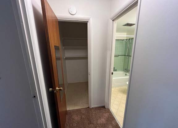 A white bathroom with a brown rug and a wooden door.