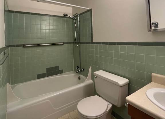 A white toilet sits next to a bathtub in a bathroom.