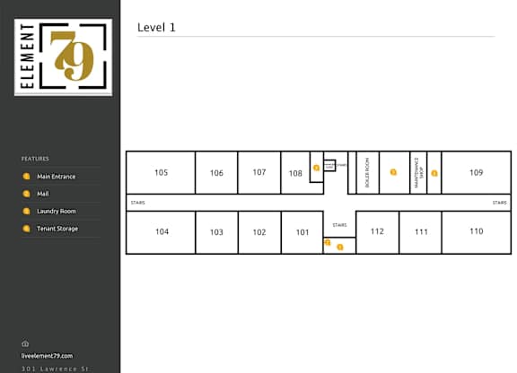 A floor plan of a building with numbered rooms and designated areas for mail, laundry, and storage.
