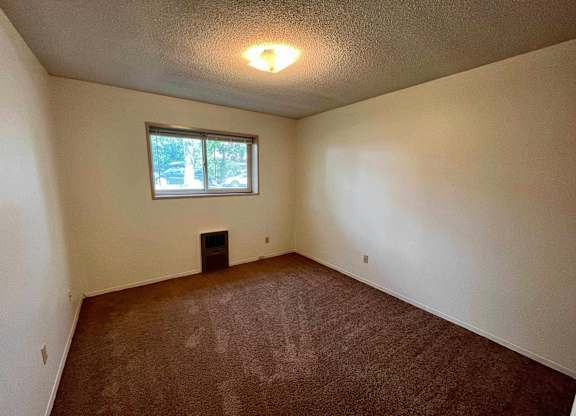 A room with a window and a carpeted floor.