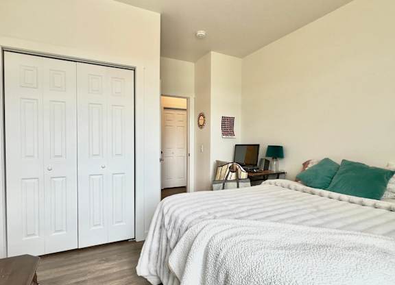 A bedroom with a bed, a dresser, and a mirror.