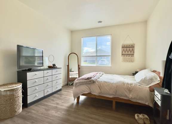 A bedroom with a bed, dresser, and television.
