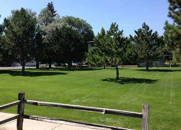A green field with trees and a fence.