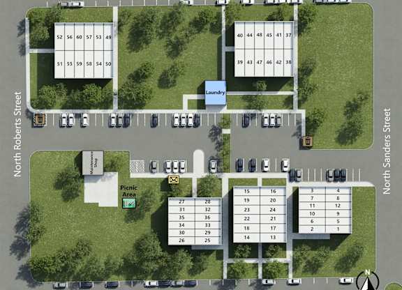 A map shows a layout of a parking lot with numbered parking spaces.