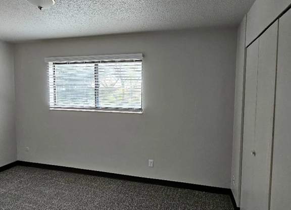 A room with a window covered by blinds and a carpet on the floor.