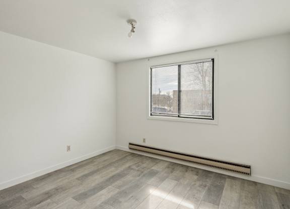 A room with a window and a radiator on the floor.