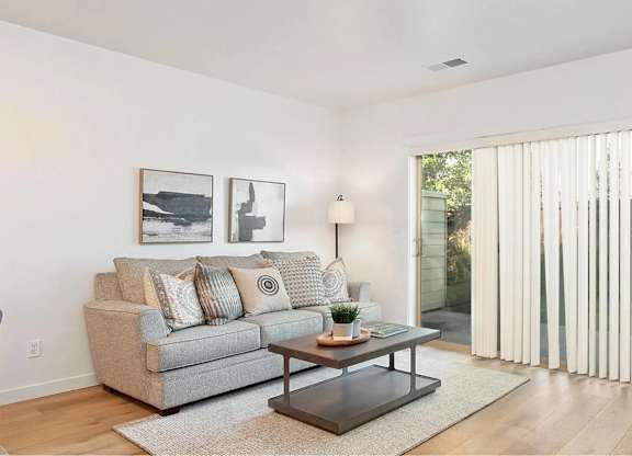 A living room with a grey couch, a coffee table, and a plant.