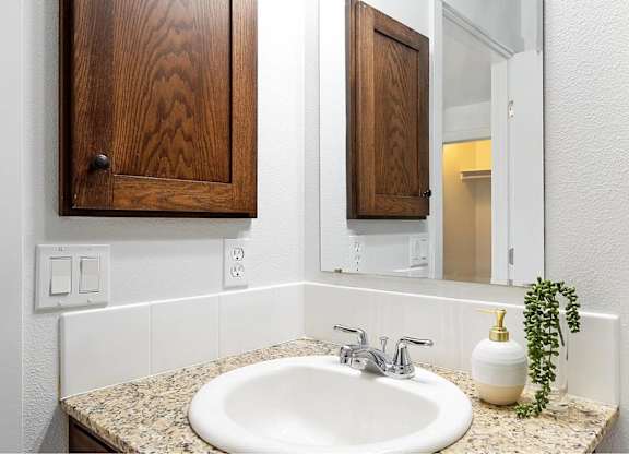 A bathroom with a white sink and a mirror.