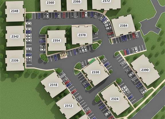 A 3D rendered image of a parking lot with numbered parking spaces.