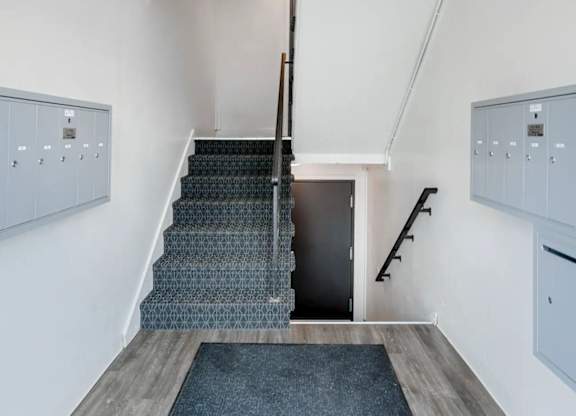 A staircase with a black carpeted runner leads to a dark door at the bottom of the stairs.