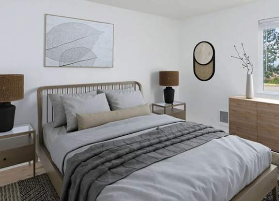 A bedroom with a large bed and a painting on the wall.
