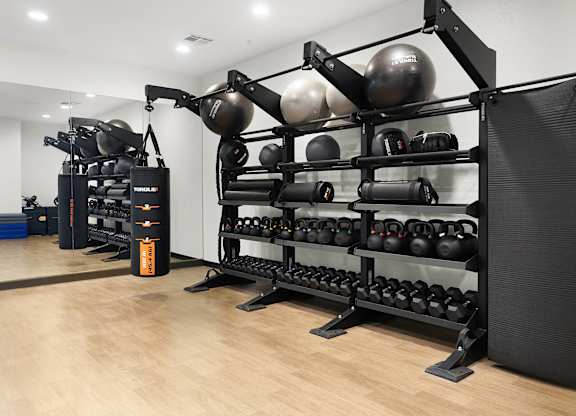 A gym with a rack of kettlebells and a punching bag.