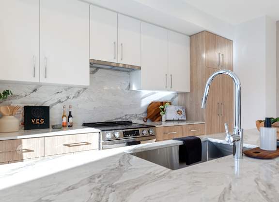 A modern kitchen with a marble countertop and a stainless steel sink in Hillcrest Ave located in Abbotsford, BC