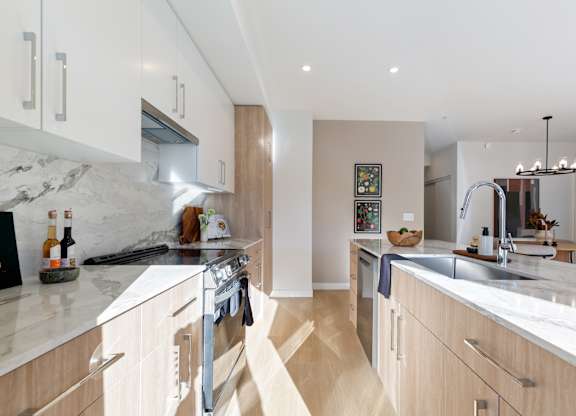 A modern kitchen with wooden cabinets and a marble countertop in Hillcrest Ave located in Abbotsford, BC