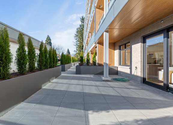 A modern building with a long concrete walkway and a row of trees on the left in Hillcrest Ave located in Abbotsford, BC
