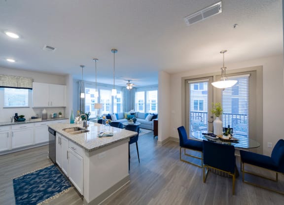 Open concept apartment with kitchen island at Ciel Luxury Apartments, Jacksonville, FL 32246