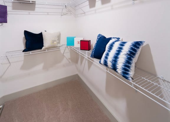 Walk-in closet with wire shelving systems at Ciel Luxury Apartments, Florida