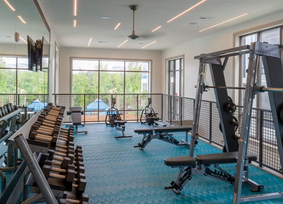 Fitness center with dumbbells and workout equipment at Ciel Luxury Apartments, Jacksonville, Florida