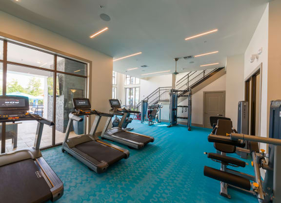 Fitness center with treadmills and blue carpet at Ciel Luxury Apartments, Florida