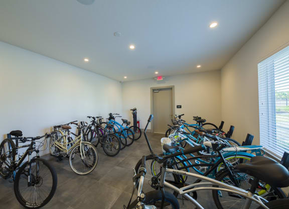 Indoor bike storage room with multiple bicycles at Ciel Luxury Apartments, Jacksonville, Florida