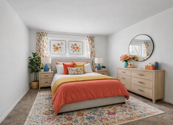 A bedroom with a large bed, a dresser, and a television.