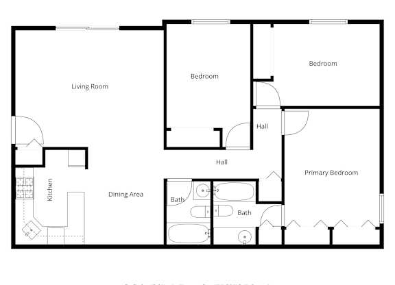 A black and white floor plan of a house with a living room, kitchen, dining area, two bathrooms, and three bedrooms.