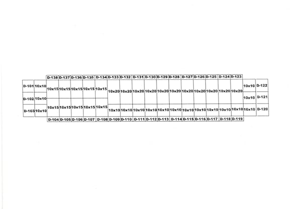 Diagram of Building D at Rochester Self Storage in Rochester, MA, showing unit locations, numbers, and dimensions including 10x10, 10x15, and 10x20.