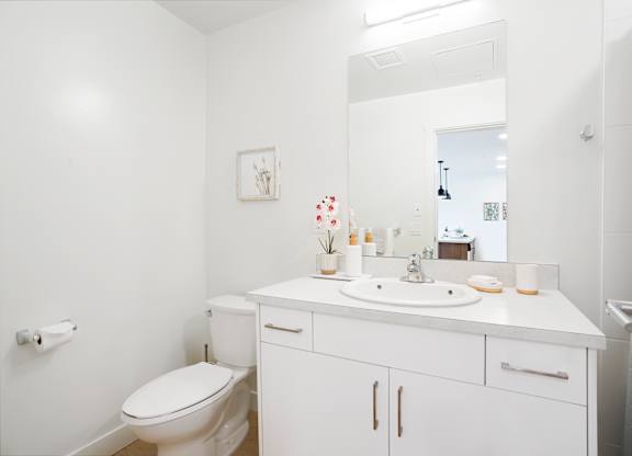 A white bathroom with a toilet, sink, and mirror.