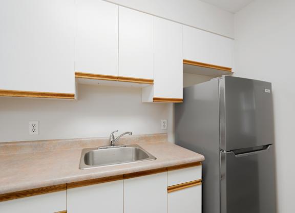 A kitchen with a sink and a refrigerator.