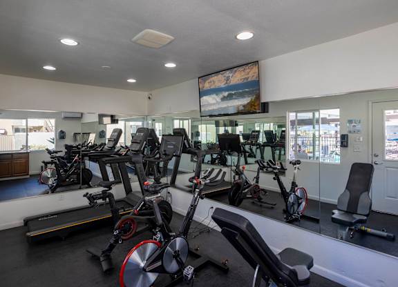 A gym with treadmills, exercise bikes and other equipment.