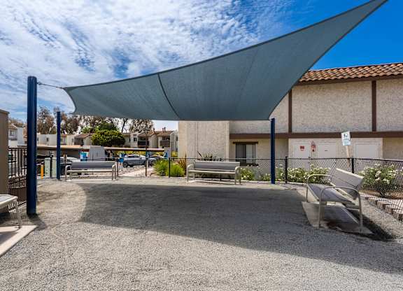 A park with a shade structure and benches.