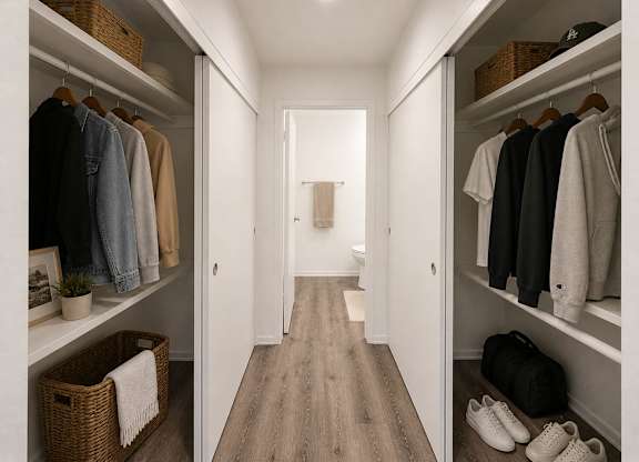 A hallway with a white door and a wooden floor.