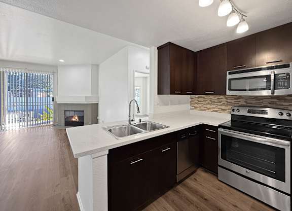 A modern kitchen with dark brown cabinets and stainless steel appliances.