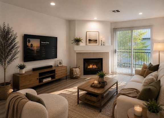 A modern living room with a fireplace and a flat screen TV.