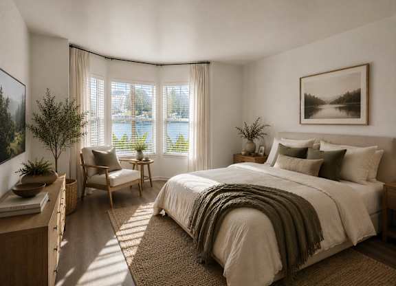 A bedroom with a large bed and a view of the water.