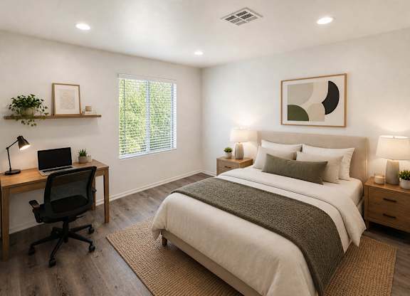 A bedroom with a bed, desk, and chair.