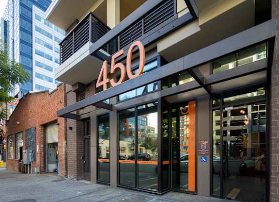 The entrance to a building with the number 450 on it.