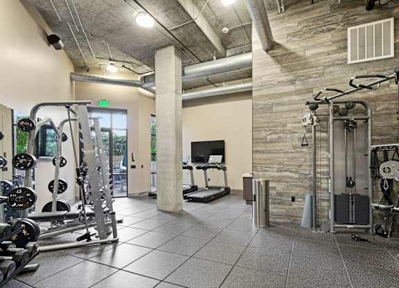 A gym with a variety of equipment including a treadmill, weights, and a bench press.