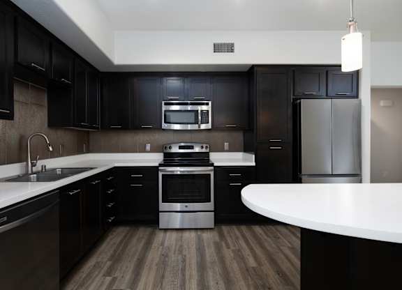 A modern kitchen with black cabinets and stainless steel appliances.