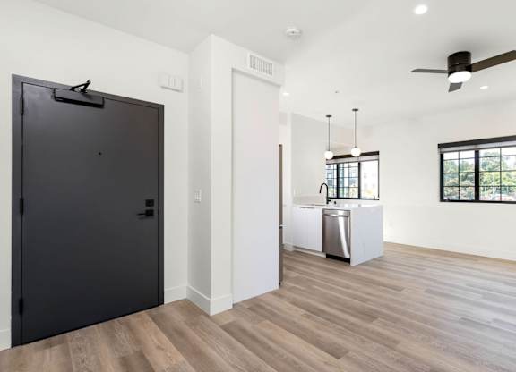 A room with a black door, a white cabinet, and a ceiling fan.