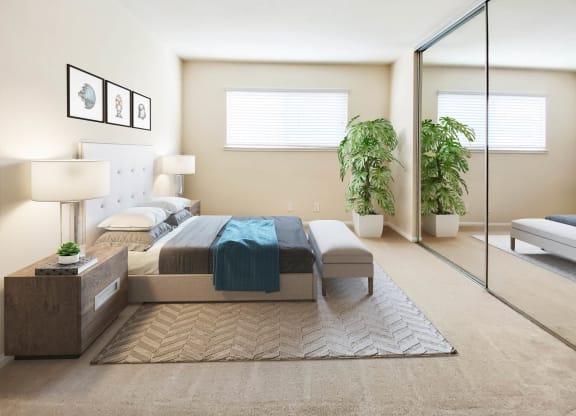 a bedroom with a bed and a mirror  at Pleasanton Place, Pleasanton, CA, 94566