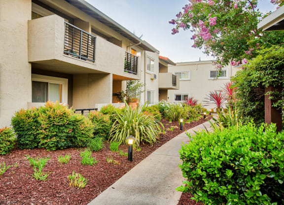 a walkway in front of an apartment building with a sidewalk  at Pleasanton Place, Pleasanton, CA, 94566