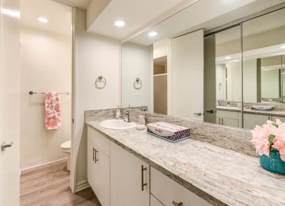 a bathroom with a sink and a mirror  at Rancho Los Feliz, Los Angeles, California