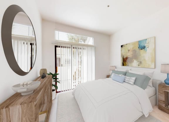 A bedroom with a balcony at Sendero Huntington Beach, Huntington Beach, CA