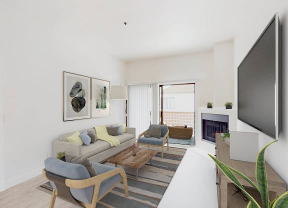 Living room in a well-lit apartment at Sendero Huntington Beach, Huntington Beach, CA 92647