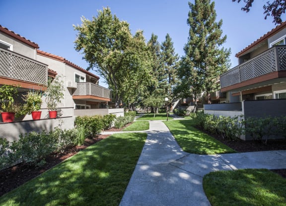 a walkway between two apartment buildings with grass and trees at Valley Plaza Villages, Pleasanton, 94566