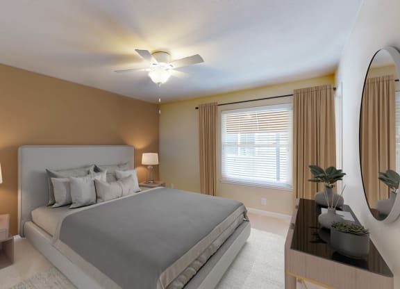 a bedroom with a bed and a ceiling fan at Valley Plaza Villages, California, 94566