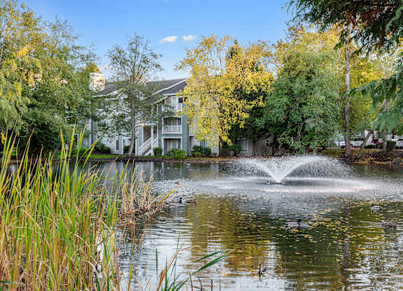 A fountain in the middle of a pond surrounded by trees and a building in the background.